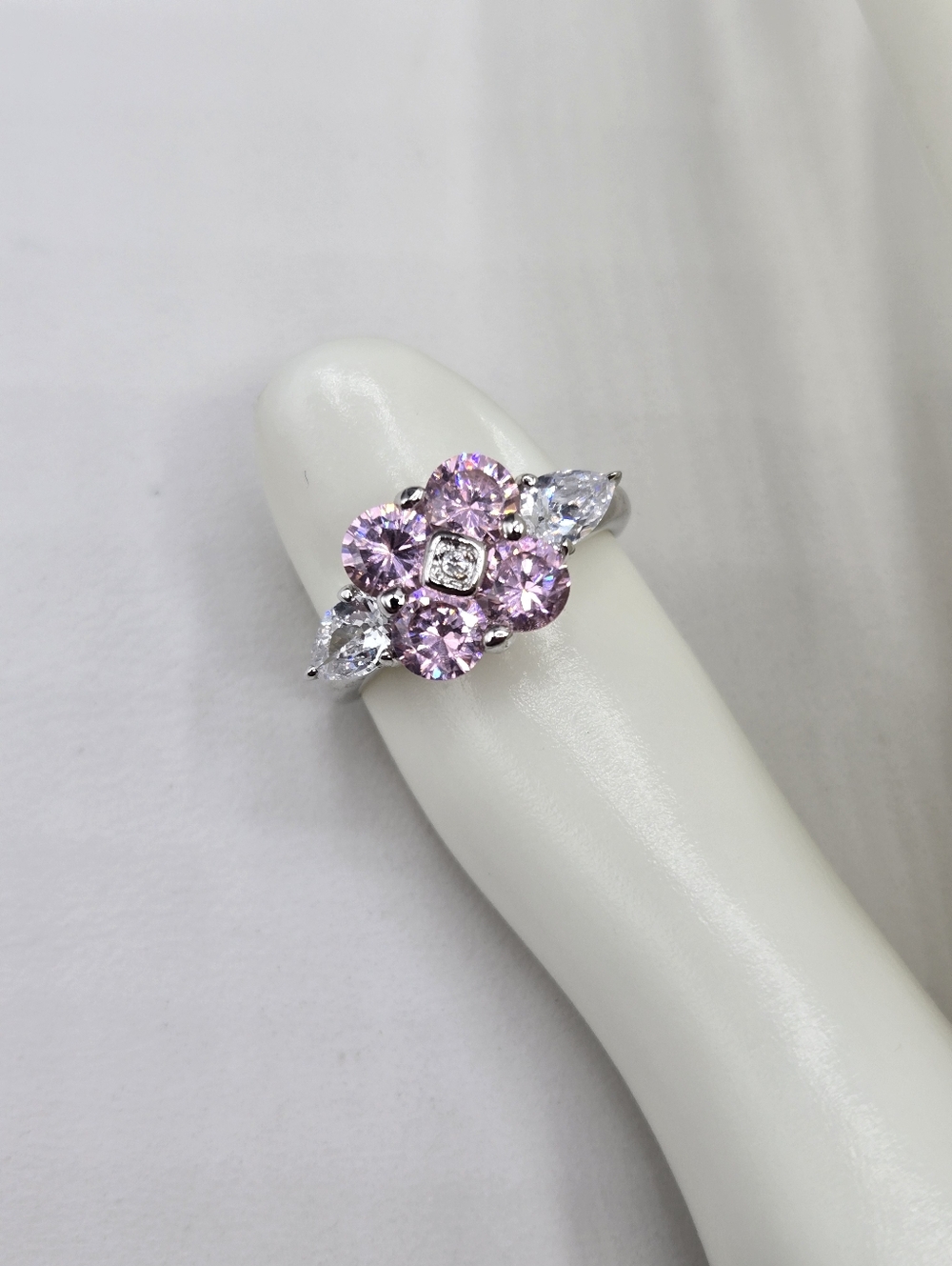 Swarovski Crystal Elements Silver Floral Ring Pink Size 6.75 Flower Bridal Prom